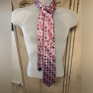 Jones New York Mens Blue, Rust, Pink Square Pattern Tie. 100% Silk